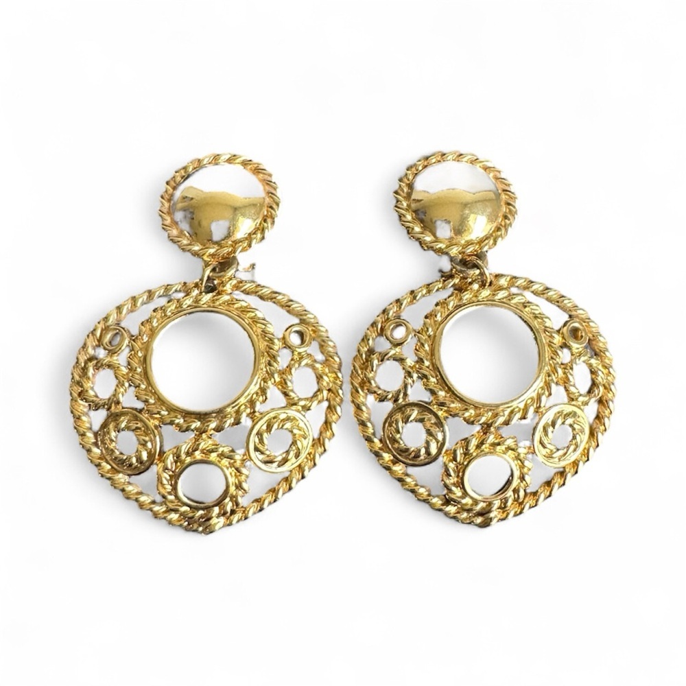 Vintage Gold‎ Tone Filigree Earrings Clip-On Dangle Drop 80s Statement Jewelry